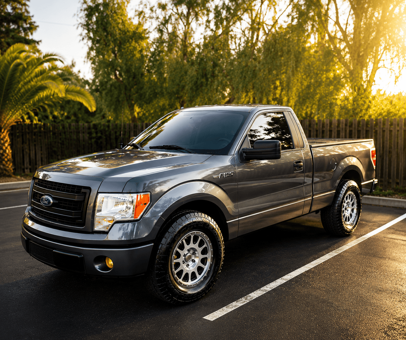 Charcoal metallic Ford F-150 regular cab pickup with aftermarket wheels and all-terrain tires, parked in a lot at golden hour with warm light on the glossy exterior