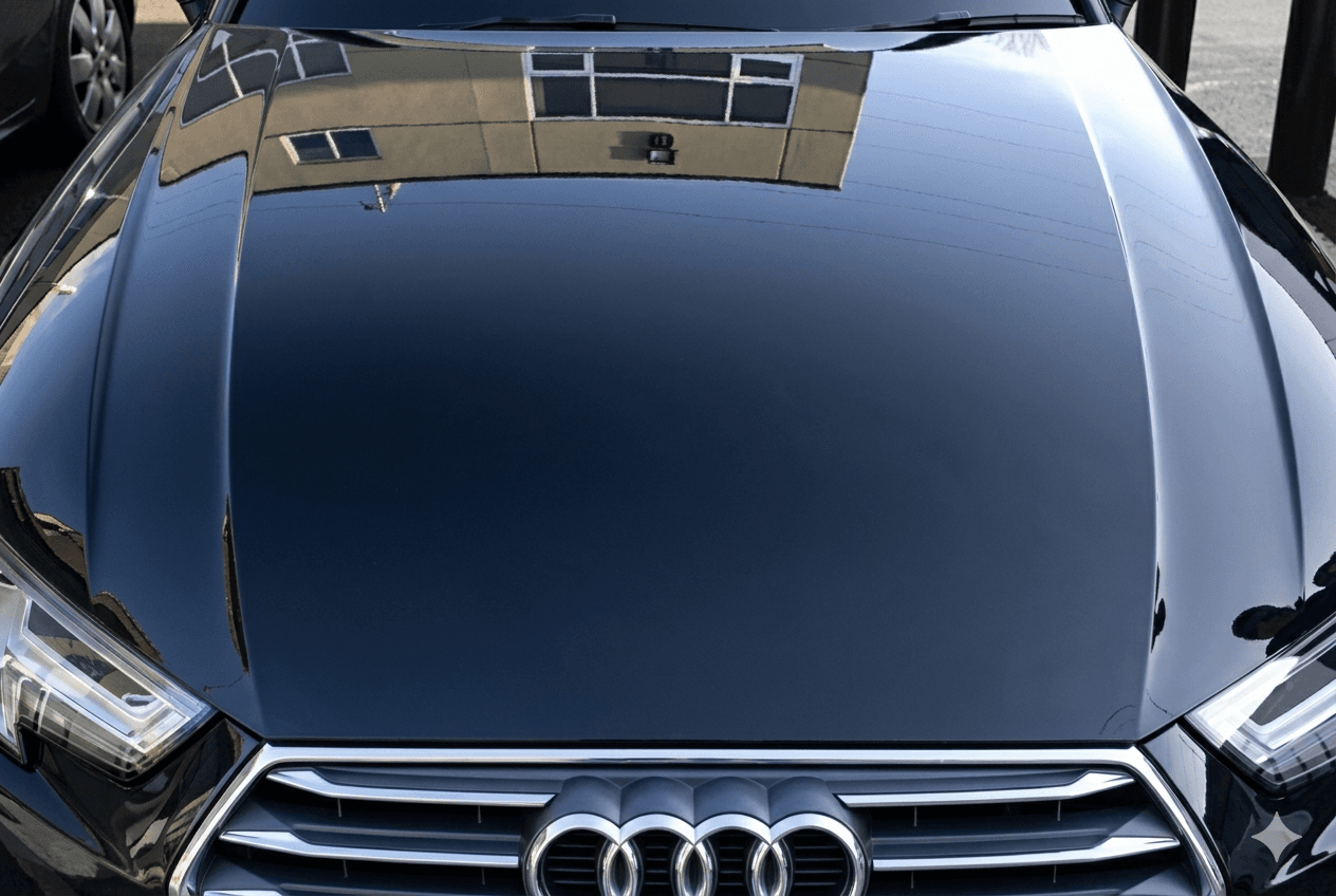 Water beading on ceramic-coated automotive paint showing hydrophobic protection
